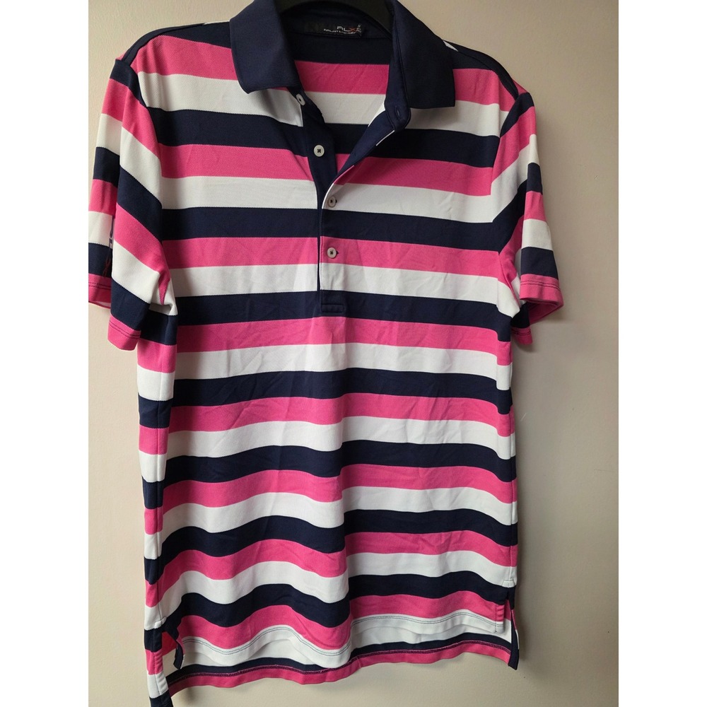RLX Ralph Lauren Mens Striped Polo Shirt Pink Navy Blue White Performance M